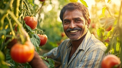 Farmer and agricultural occupation. Happy Indian male worker working on harvesting ripe tomatoes at a farm