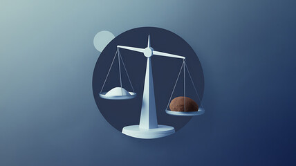 White and brown objects on a scale balanced in a minimalist style, representing justice, equality, and decision-making. 
