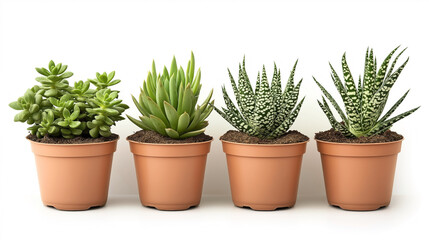 Fototapeta premium Four different types of potted succulent plants in terracotta pots displayed in a row on a white background.