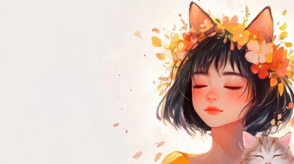A serene girl adorned with cat ears and floral accents, exuding a harmonious blend of nature and fantasy.