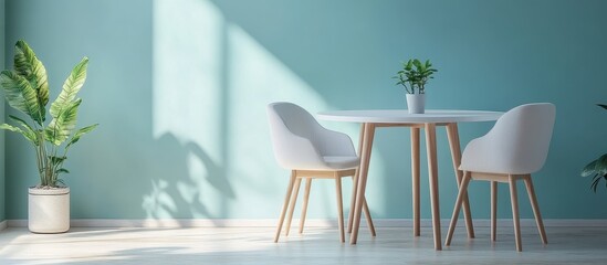 Modern Minimalist Dining Area with White Chairs and Wooden Table Against a Teal Wall with Potted Plants