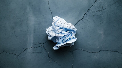 Blue crumpled paper on grey background, minimalist concept, failure and disappointment. 
