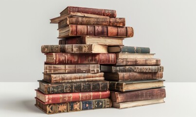 Stack of antique books, white background, 4K hyperrealistic photo