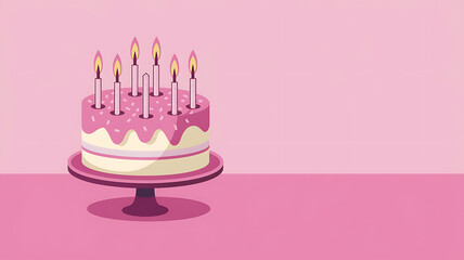 Pink birthday cake with lit candles on a pink background, perfect for celebration and joy. 
