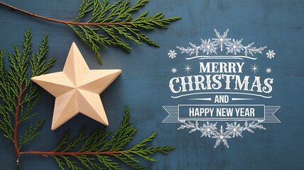 Wooden star and green branches on blue background, Christmas and New Year greeting. 

