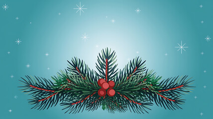 Green pine branches with red berries on a blue background with white snowflakes, winter holiday festive design. 
