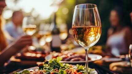 Naklejka premium A close-up of a glass of white wine beside a colorful salad in an outdoor dining setting.