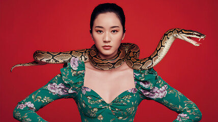 Woman in green dress with snake, red background, fashion editorial, bold and daring. 
