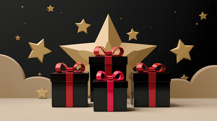 Black gift boxes with red ribbon bows, beneath a golden star, on a beige background.
