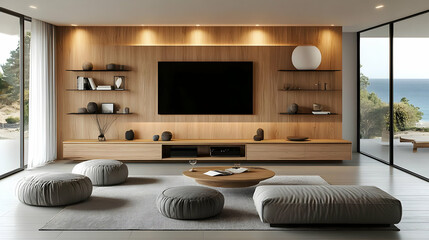 Modern living room with wooden accents and ocean view.
