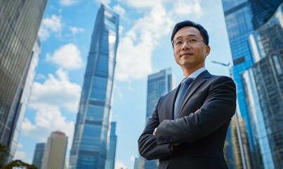 Fototapeta premium Confident businessman standing in city skyline.