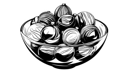 Centerpiece of colorful ornaments displayed in a clear glass bowl on a dining table, vector illustration art