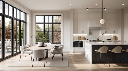 modern kitchen and dining area featuring sleek furniture, large windows, and minimalist design. space is bright and inviting, perfect for gatherings