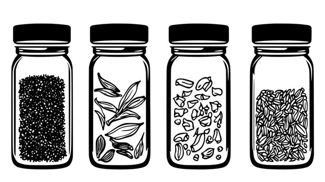 Glass jars filled with measured spice blends, vector illustration art