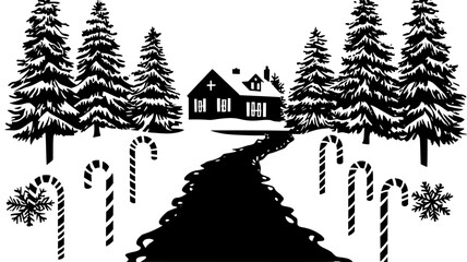 Large candy canes lining the driveway leading to the house, vector illustration art