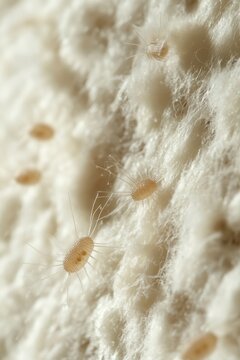** Close-Up of Dust Mites on Fabric Surface Highlighting Textural Details and Microscopic Features in a Home Environment..**