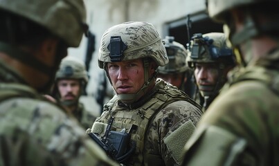 Fototapeta premium Soldier in camouflage, serious expression, tactical gear.