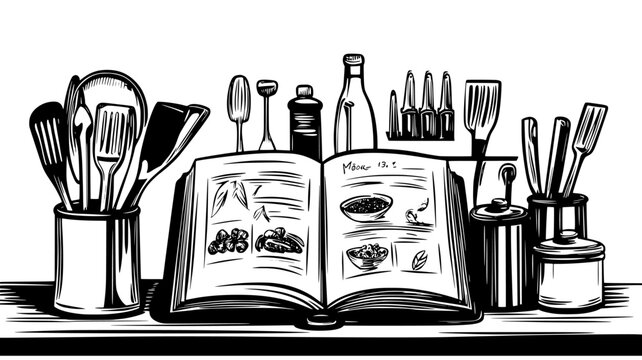 Personalized recipe book open on kitchen counter with utensils, vector illustration art