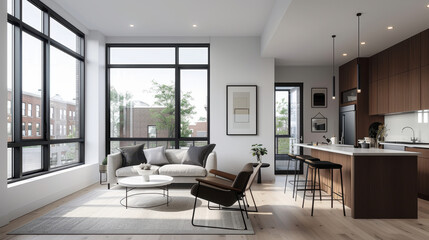 Fototapeta premium modern living room featuring minimalist design, large windows, and cozy atmosphere. space includes stylish sofa, coffee table, and sleek kitchen area, creating harmonious environment