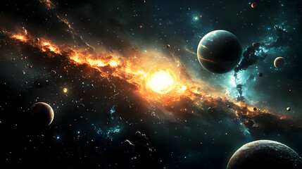 A vibrant cosmic scene featuring planets and a bright star.