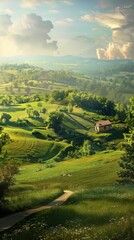 Fototapeta premium Scenic countryside with rolling hills and a farmhouse, 4K hyperrealistic photo