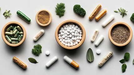Various herbal supplements in capsules and tablets with herbs in wooden bowls on a neutral background.