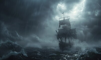 Obraz premium Brave pirate ship sailing on stormy seas, 4K hyperrealistic photo.