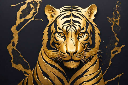 Fantasy abstract golden black portrait of a tropical jungle tiger animal illustration texture design, nature theme concept.
