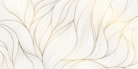 Vector art deco gold leaves pattern, line plant foliage illustration. Vintage luxury tropical ornament, jungle print © marylia17