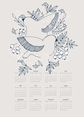 2025 calendar template with hand drawn wild flowers, With birds in the winter forest