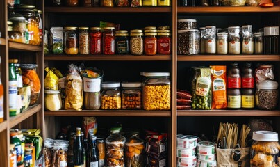 Obraz premium Organized pantry shelves filled with jars and bags.