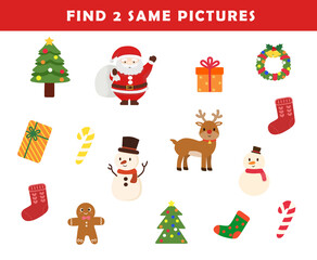 Find 2 same pictures. Puzzle game for children. Preschool worksheet activity for kids. Educational game with cute christmas illustration. Christmas activity sheet.