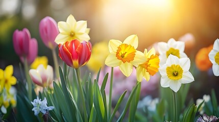 Obraz premium Colorful spring flowers in the sunshine: a garden full of colors A vibrant garden scene in which various spring flowers such as daffodils, tulips and hyacinths shine in the sunlight.