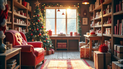 A room in Santa Claus's house decorated with a Christmas tree, Santa's workshop