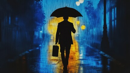 A silhouette of a person walking in the rain, holding an umbrella, with a colorful background of city lights, creating a moody and atmospheric scene.