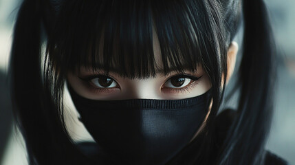 Close-up of a girl with black twin tails wearing a