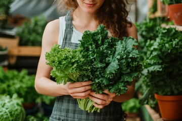 Woman Holding Fresh Green Leafy Vegetables in a Greenhouse
