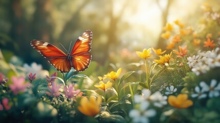 A peaceful garden full of vibrant flowers and lush greenery, with a butterfly resting delicately on a flower petal, captured in soft focus