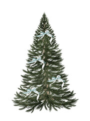 Watercolor Christmas tree with bows. Hand drawn vintage evergreen tree isolated on white background. Clip art of Christmas and New Year symbol. Ideal for greeting cards, posters and home crafts design