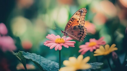 Obraz premium Bright flowers and green foliage in a vibrant garden, with a butterfly gently perched on a flower petal in soft focus, perfect for nature photography