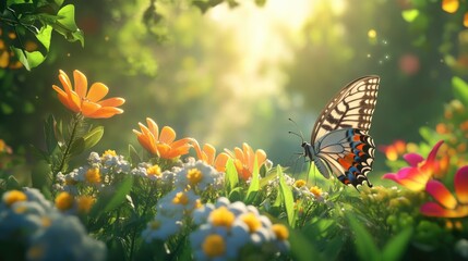 Bright flowers and lush greenery in a vibrant garden, with a butterfly perched on a delicate petal, creating a peaceful nature scene
