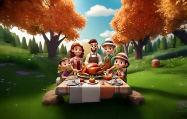 A cartoon family gathers around a table set for a meal in an autumnal forest.