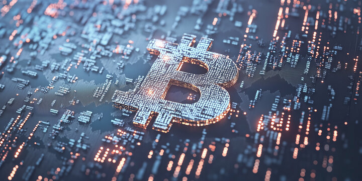 Bitcoin, BTC or digital gold displayed as the center of future finance and kernel of the high-tech crypto token world with chips, circuitry, and lights