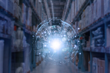 A glowing digital globe overlaying a warehouse aisle, symbolizing global logistics, supply chain...