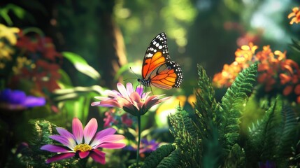 Obraz premium A colorful garden scene with blooming flowers, lush greenery, and a butterfly softly perched on a petal, perfect for serene nature stock images
