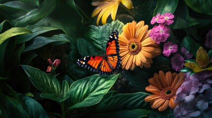 A colorful garden scene with blooming flowers, rich green leaves, and a butterfly gently resting on a petal, ideal for nature stock photos