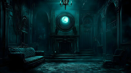 Dark, eerie interior of an abandoned room with ghostly lighting.