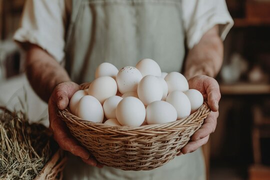 Hands Holding a Wicker Basket Full of White Eggs