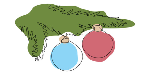 Continuous line drawing Christmas card with Fir branches, christmas balls. Vector Line art illustration for greeting card, invitation. Winter holidays poster, Decoration, Happy new year Design Element