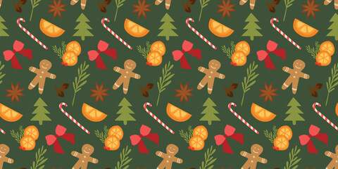 Seamless Christmas pattern, gingerbread cookies, tree, candy canes, red Bow, Orange, Anise, Glove on Green background. Vector Flat Festive Illustration, Template for New Year Decoration, Textile, Gift